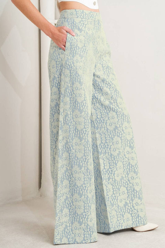 Cream & Ligh Blue Bonded Lace Pant