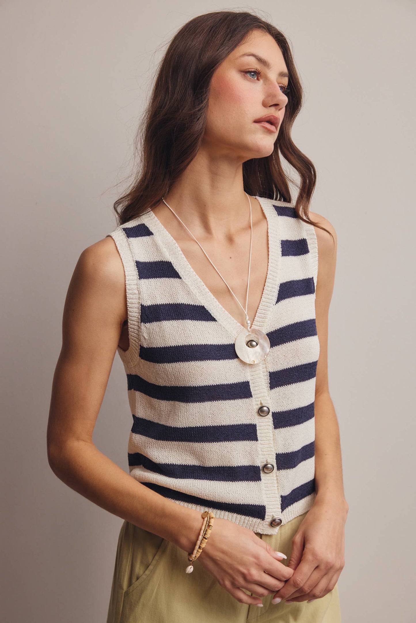 Striped Navy Button-Front Knit Vest Top