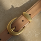 Caramel Suede Belt with Curved Gold Buckle