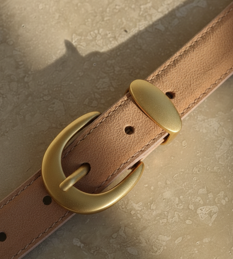 Caramel Suede Belt with Curved Gold Buckle