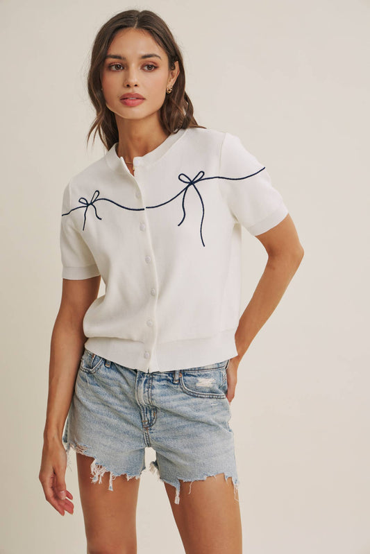 Bow Embroidered Off White Button Down Cardigan