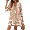 Beige Boho V - Neck Tie - Front Floral Dress - Purpose + Passion Boutique