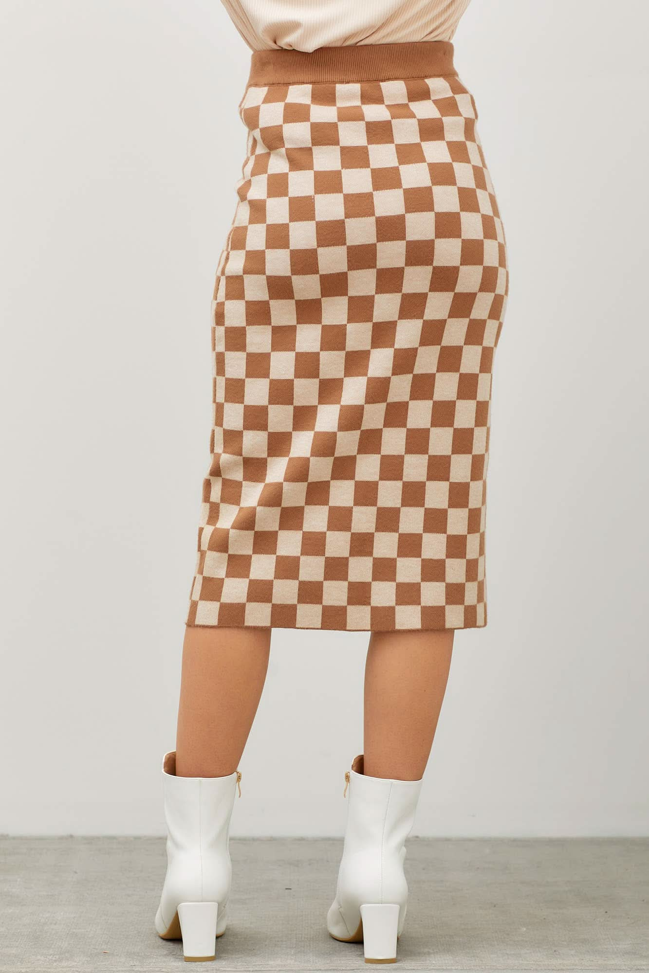 Beige Checkered Print Midi Skirt - Purpose + Passion Boutique