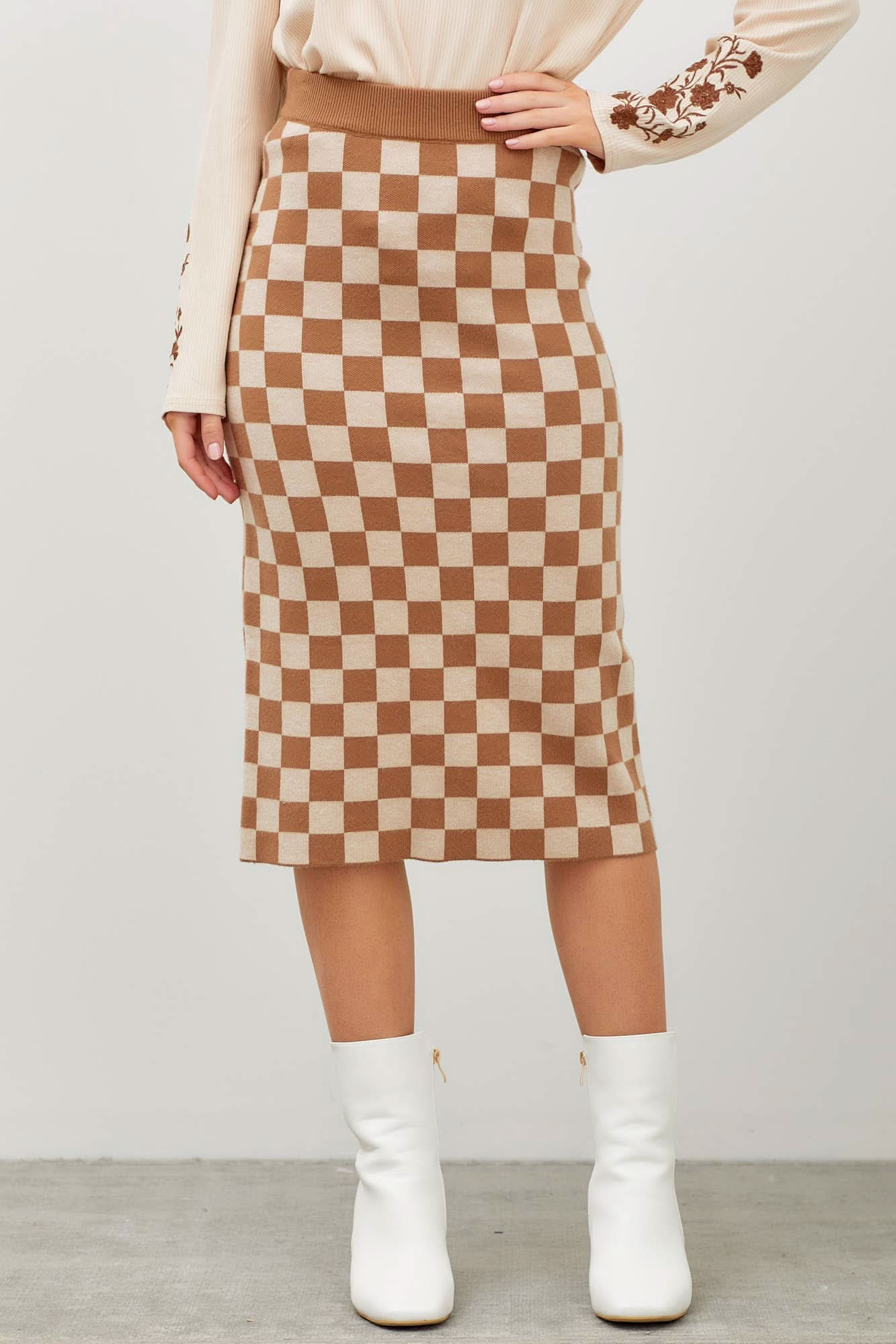 Beige Checkered Print Midi Skirt - Purpose + Passion Boutique