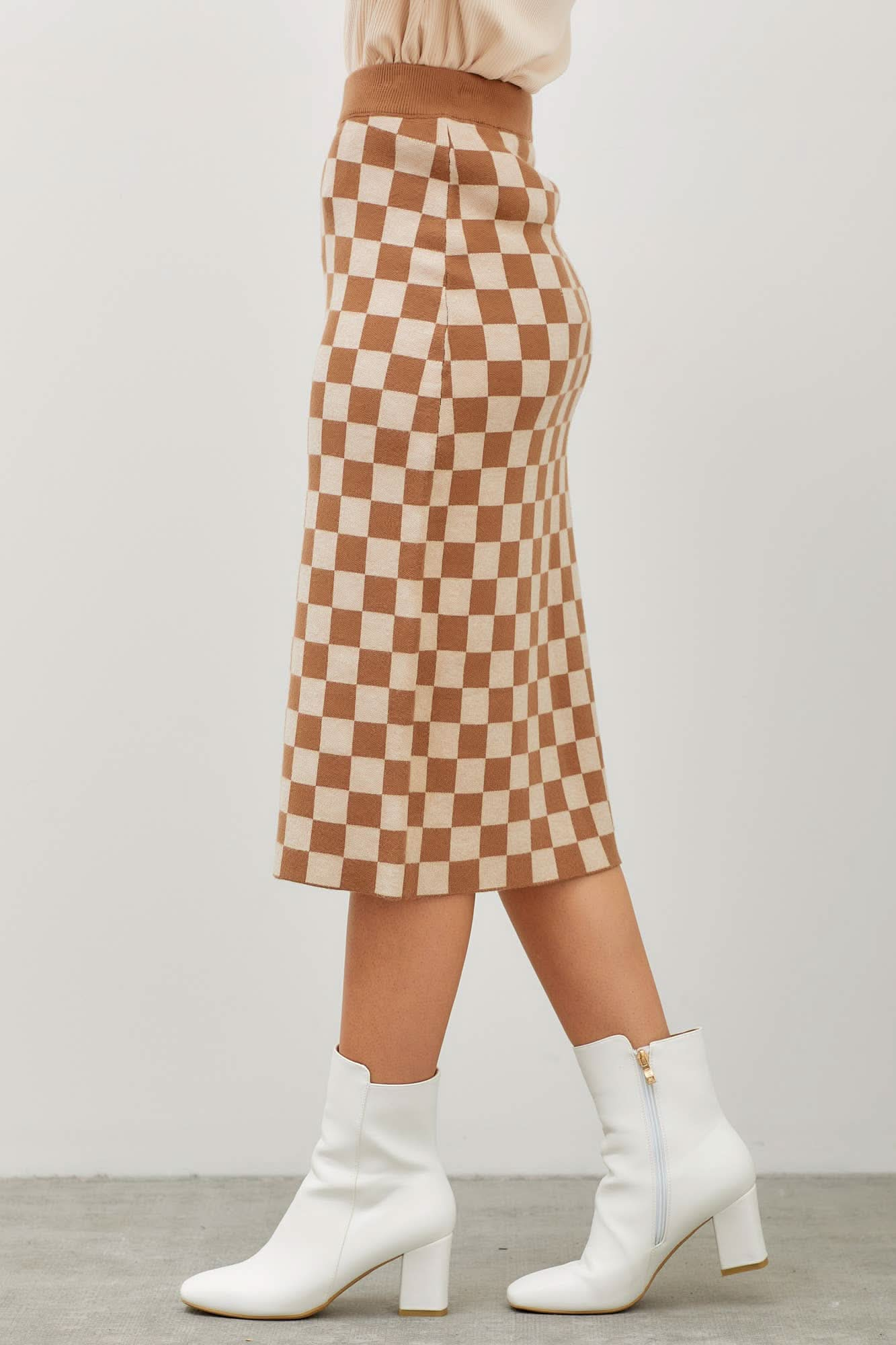 Beige Checkered Print Midi Skirt - Purpose + Passion Boutique