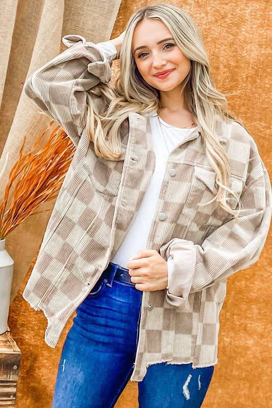 Beige Corduroy Checkerboard Print Jacket - Purpose + Passion Boutique