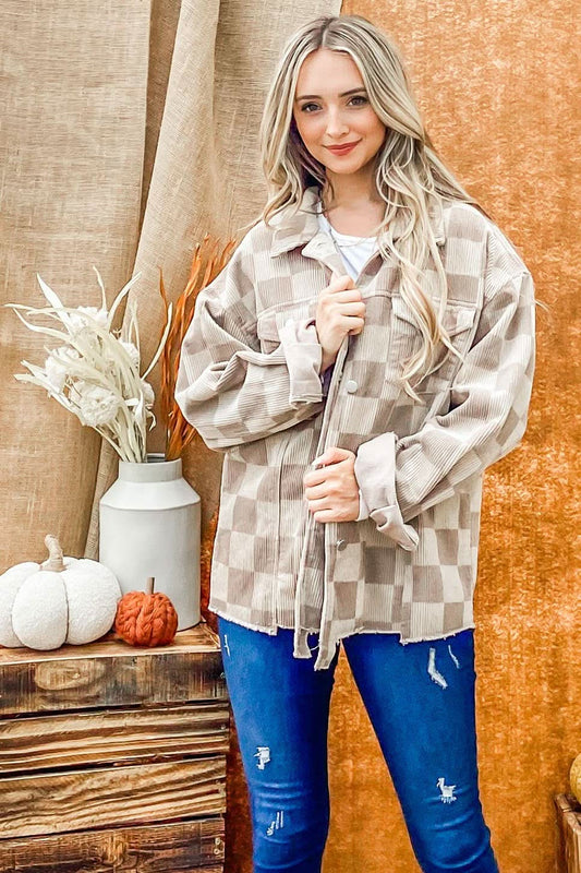 Beige Corduroy Checkerboard Print Jacket - Purpose + Passion Boutique