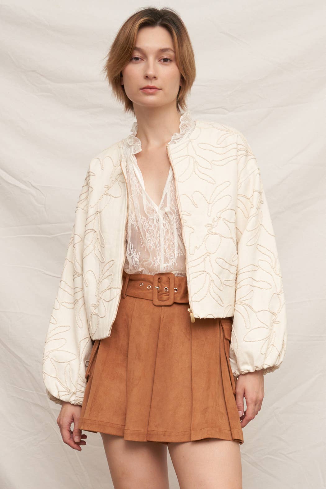 Beige Embroidered Floral Pattern Bomber Jacket - Purpose + Passion Boutique