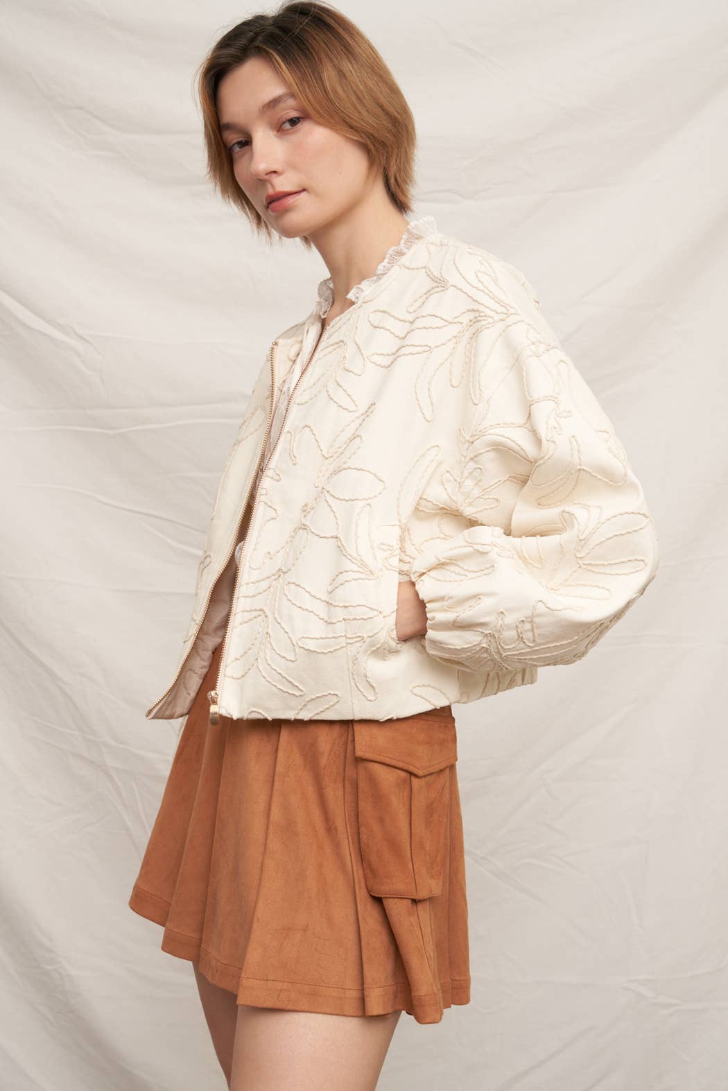 Beige Embroidered Floral Pattern Bomber Jacket - Purpose + Passion Boutique