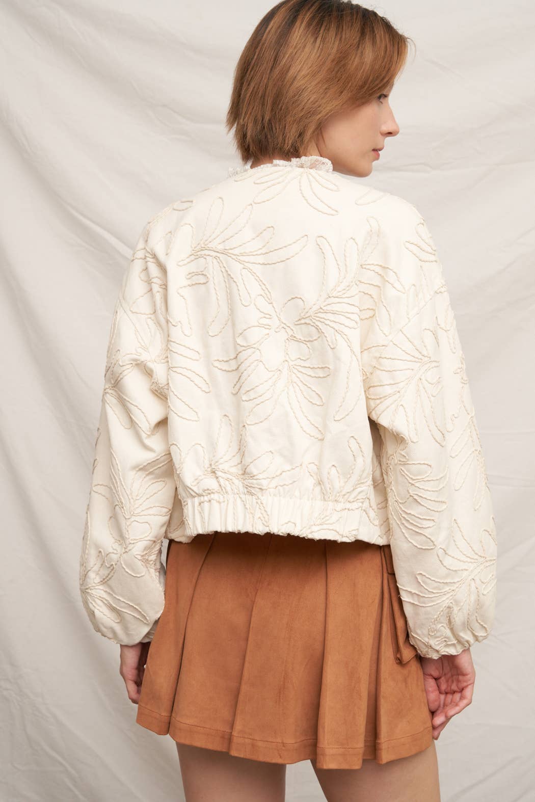 Beige Embroidered Floral Pattern Bomber Jacket - Purpose + Passion Boutique