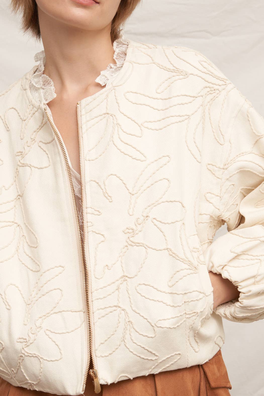 Beige Embroidered Floral Pattern Bomber Jacket - Purpose + Passion Boutique
