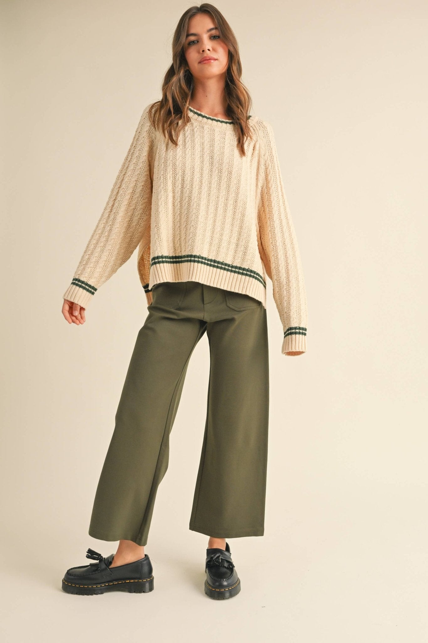 Beige + Green Cable Contrast Sweater - Purpose + Passion Boutique