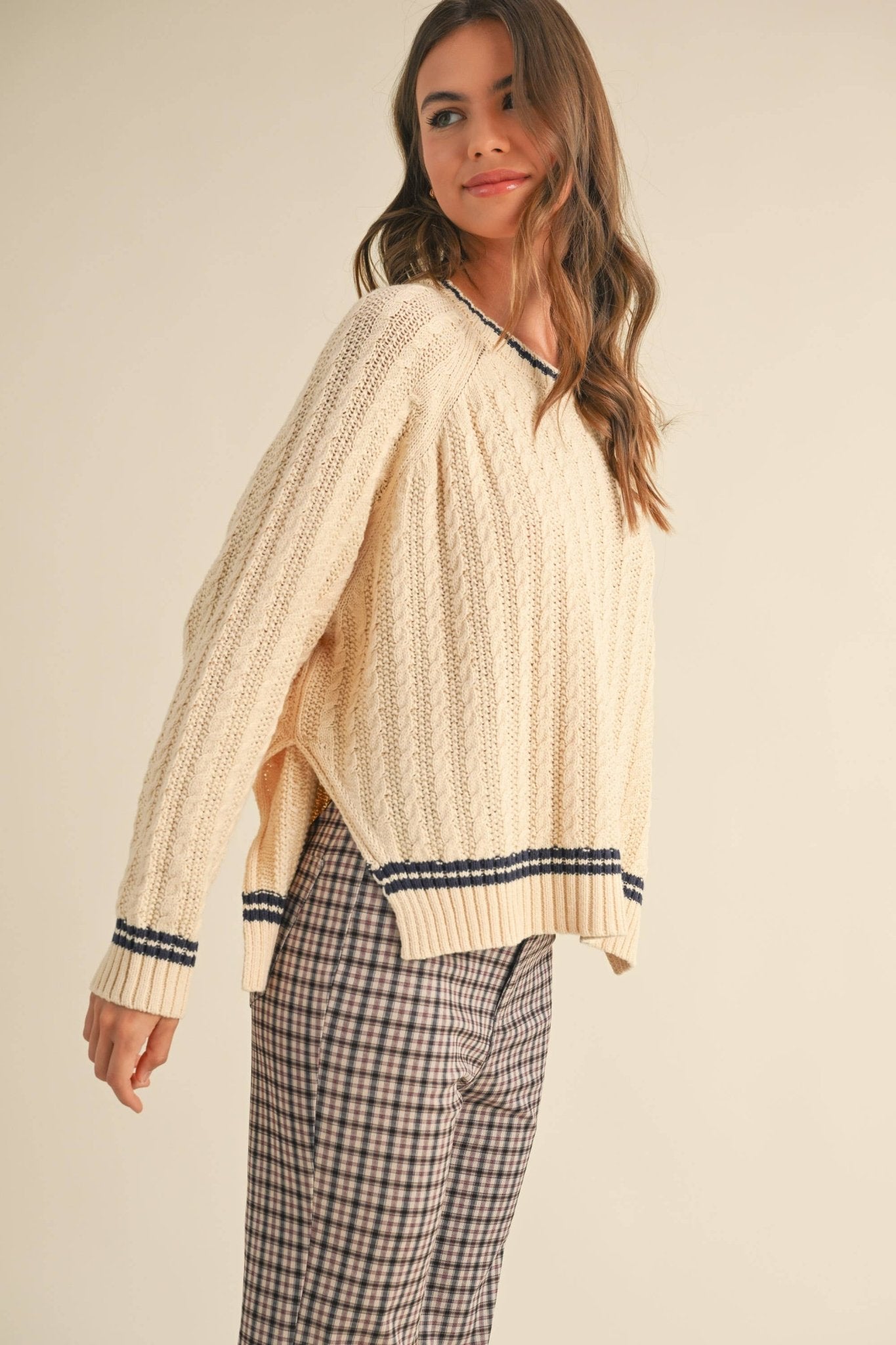 Beige + Green Cable Contrast Sweater - Purpose + Passion Boutique