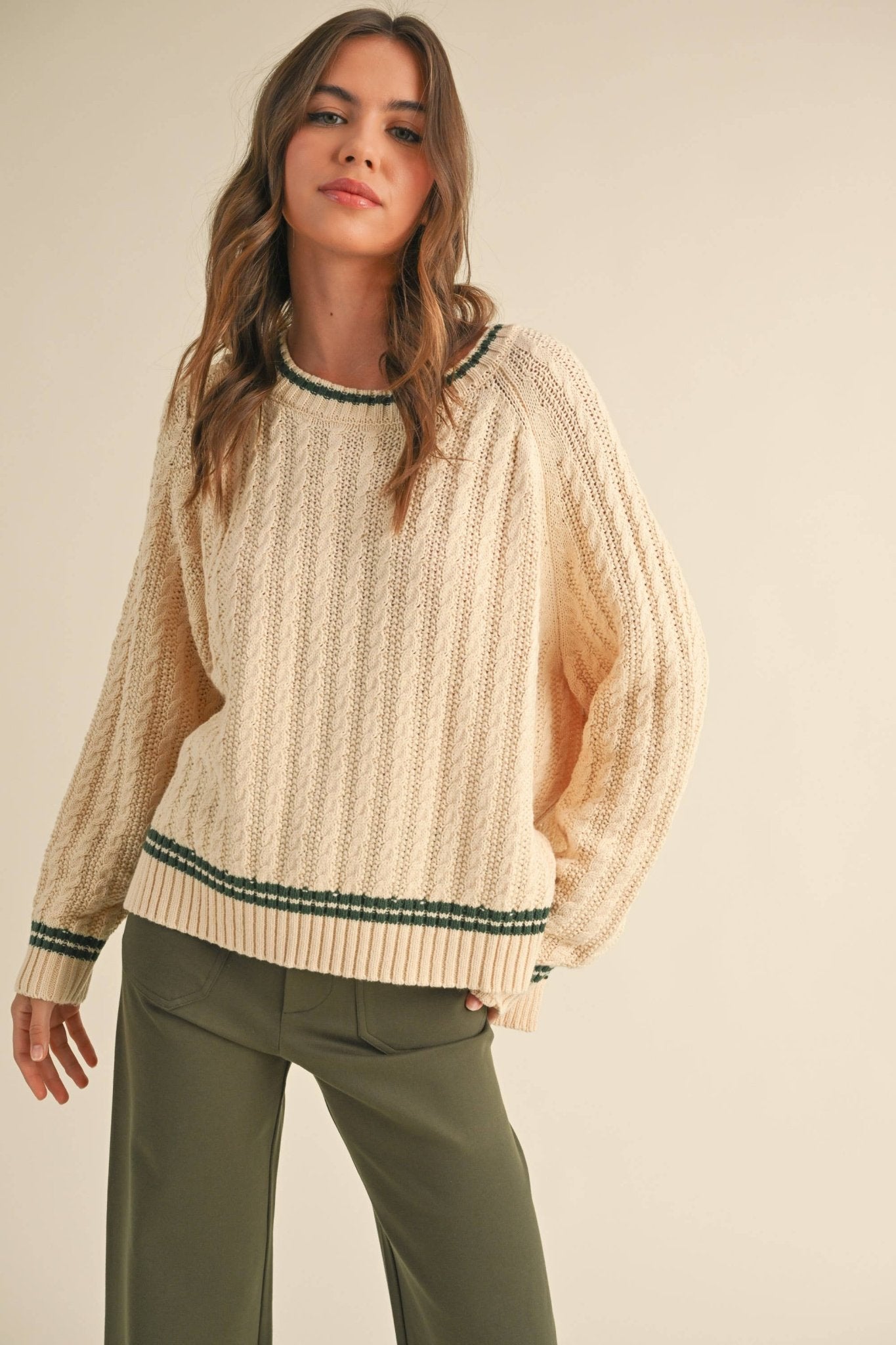 Beige + Green Cable Contrast Sweater - Purpose + Passion Boutique