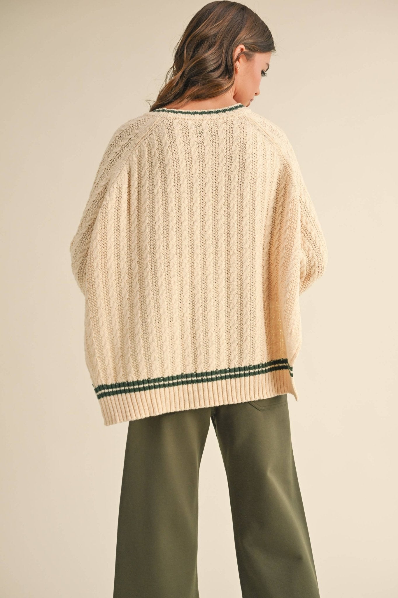 Beige + Green Cable Contrast Sweater - Purpose + Passion Boutique