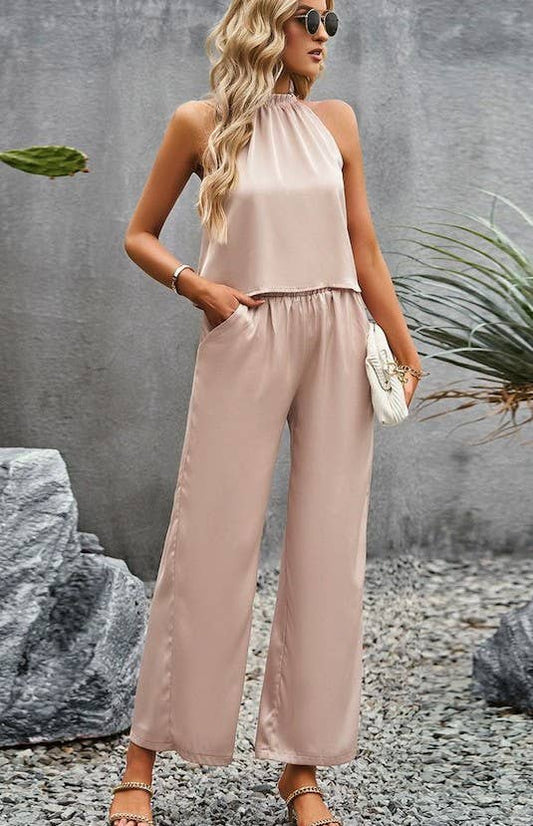 Beige Halter Top + Pants Set - Purpose + Passion Boutique