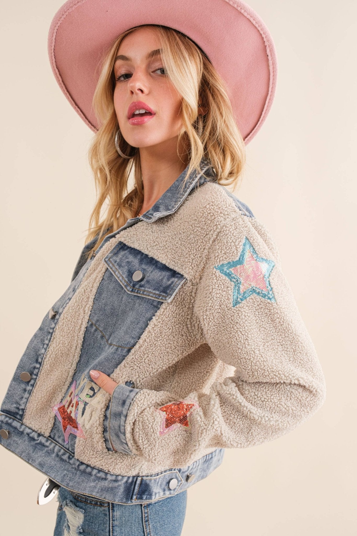 Beige Teddy Denim Contrast Yee Haw Sequin Star Jacket - Purpose + Passion Boutique