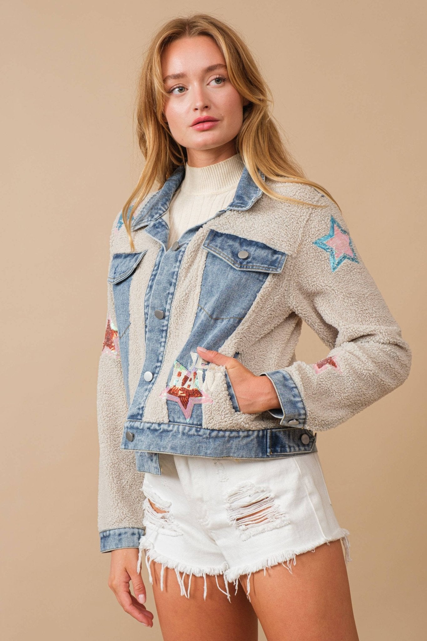 Beige Teddy Denim Contrast Yee Haw Sequin Star Jacket - Purpose + Passion Boutique