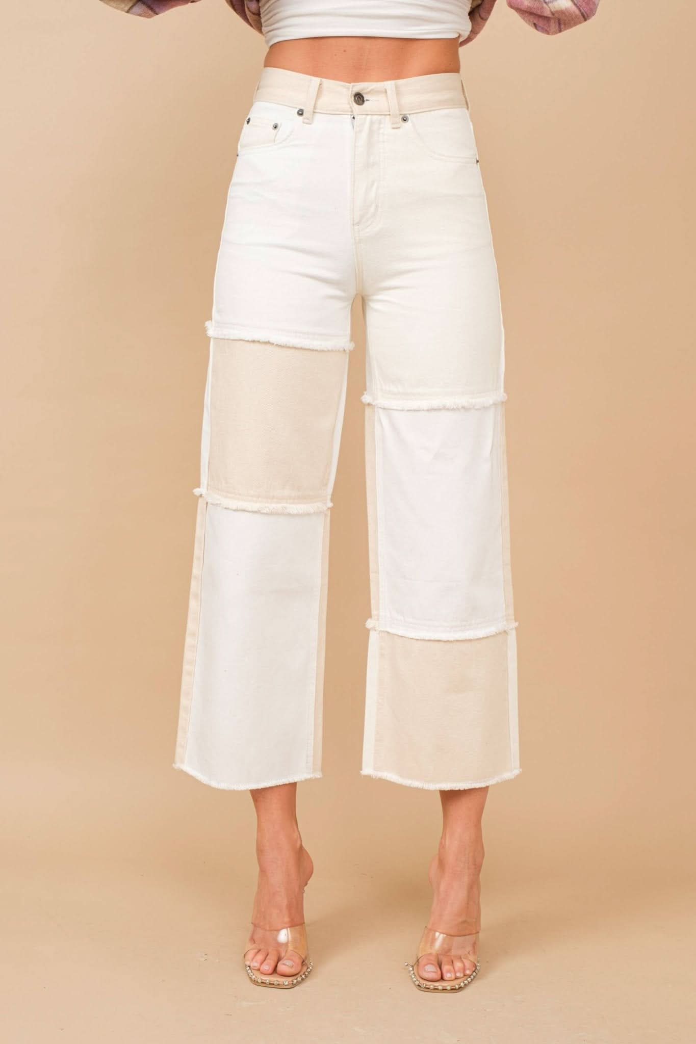 Beige White High Waisted Color Block Distressed Frill Twill Pants - Purpose + Passion Boutique