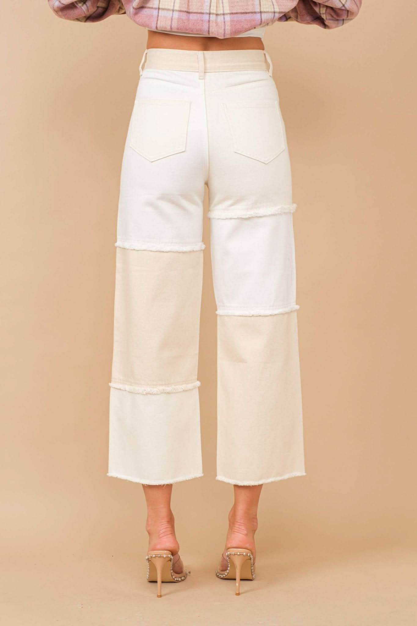 Beige White High Waisted Color Block Distressed Frill Twill Pants - Purpose + Passion Boutique