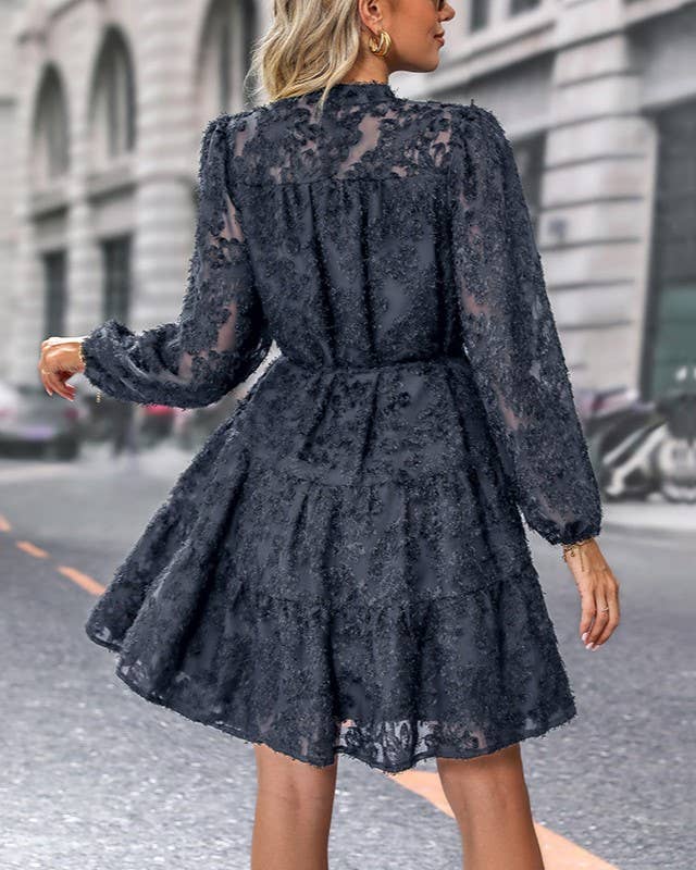 Navy Lace Jacquard Button Down Long Sleeve Dress