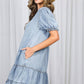 Washed Denim V-Neck Ruffle Hem Chambray Midi Dress