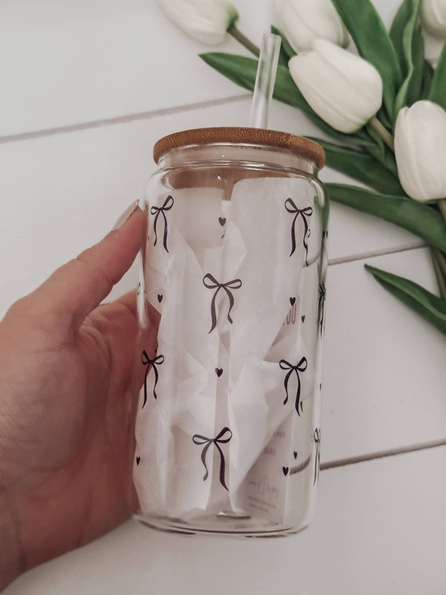Black Bows 16oz Glass Cup with Bamboo Lid - Purpose + Passion Boutique