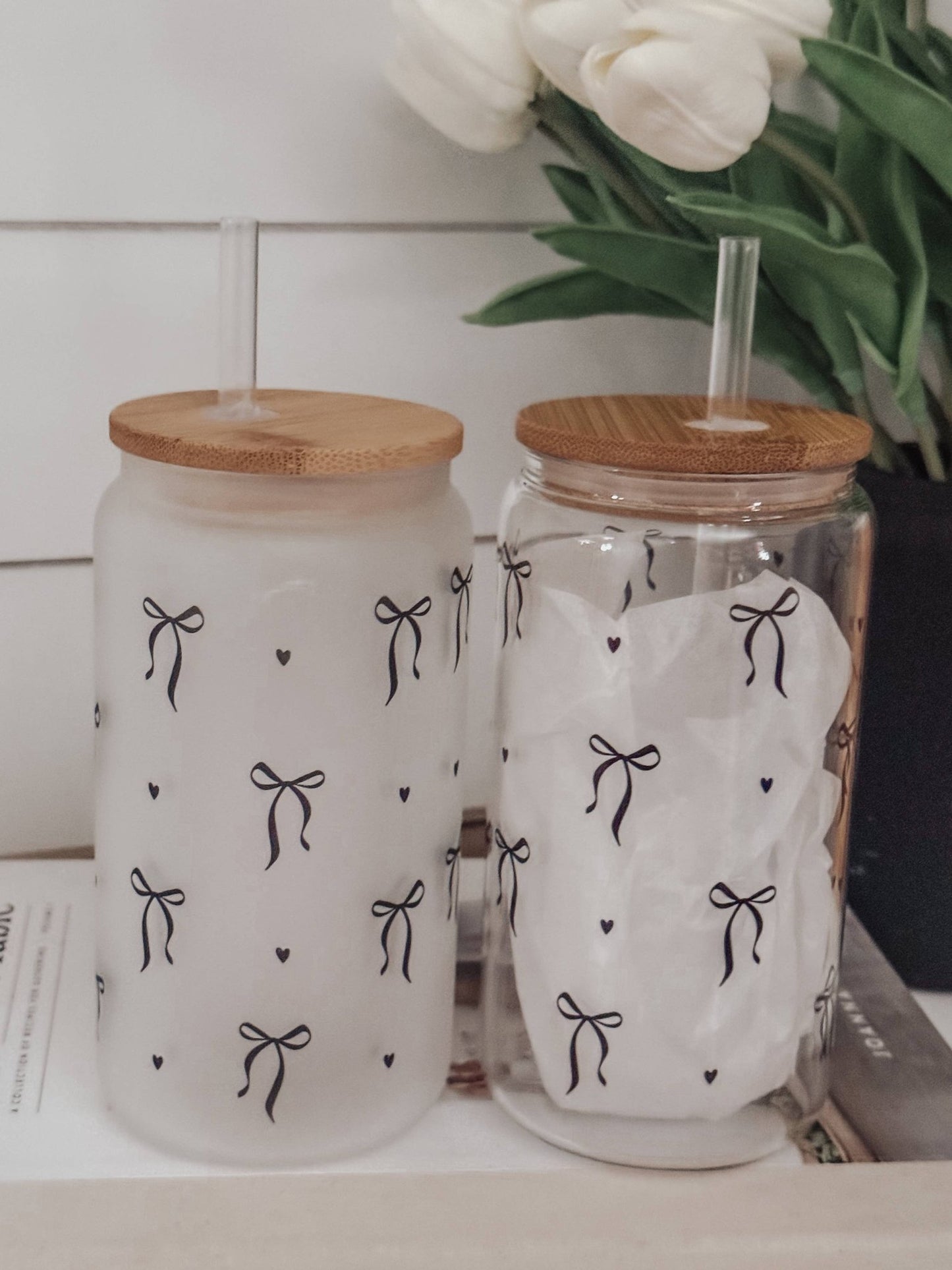 Black Bows 16oz Glass Cup with Bamboo Lid - Purpose + Passion Boutique