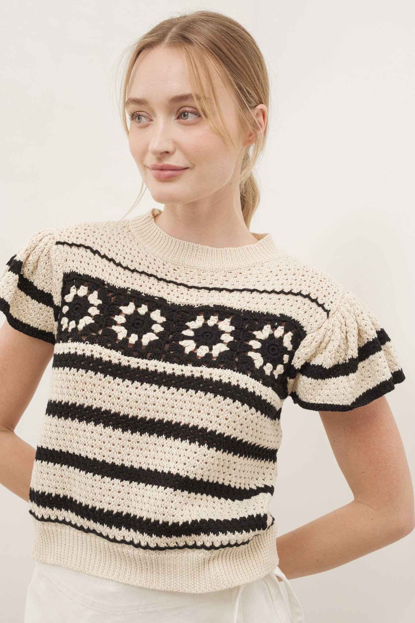 Black + Cream Knit Sweater with Ruffle Sleeve - Purpose + Passion Boutique