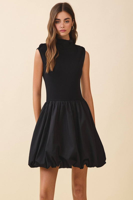 Black Fitted Knit Bodice Contrast Bubble Hem Mini Dress - Purpose + Passion Boutique