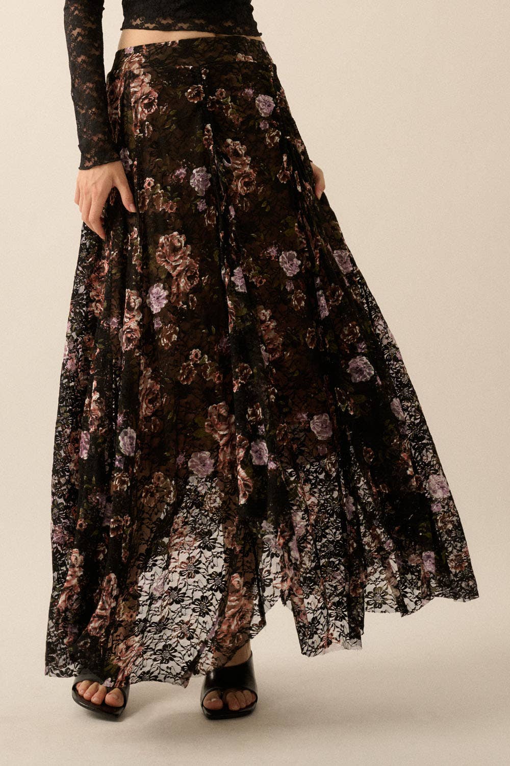 Black Floral Handkerchief - Hem Lace Maxi Skirt - Purpose + Passion Boutique