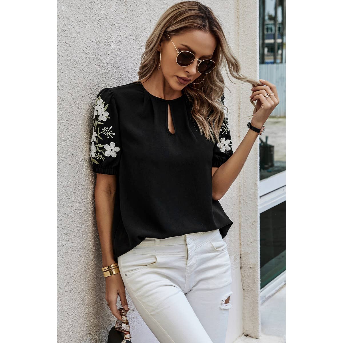 Black Floral Keyhole Puff Sleeve Blouse - Purpose + Passion Boutique
