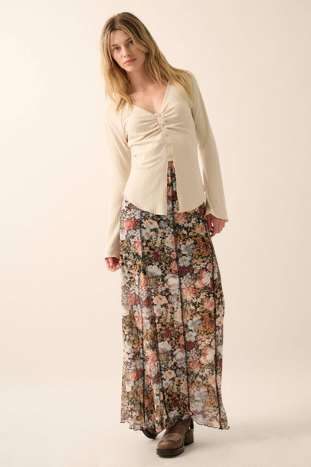 Black Floral Knit Inverted Seam Maxi Skirt - Purpose + Passion Boutique
