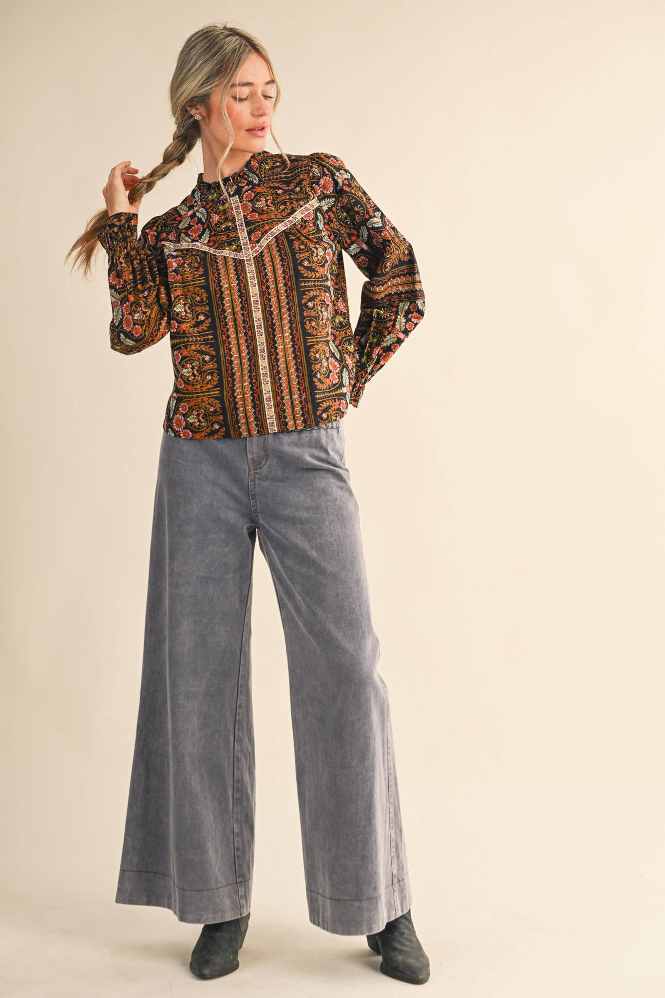 Black Floral Print Trim Blouse - Purpose + Passion Boutique