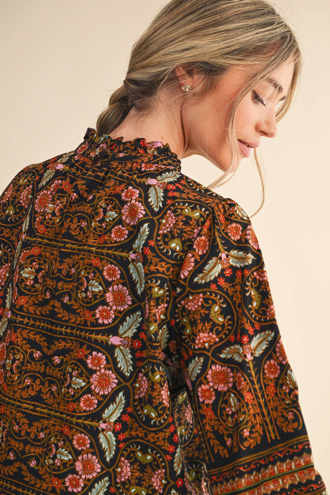 Black Floral Print Trim Blouse - Purpose + Passion Boutique