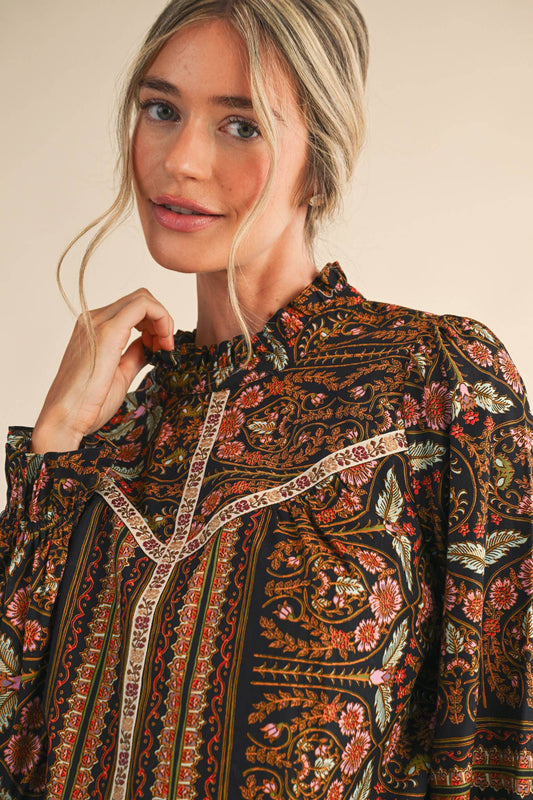 Black Floral Print Trim Blouse - Purpose + Passion Boutique