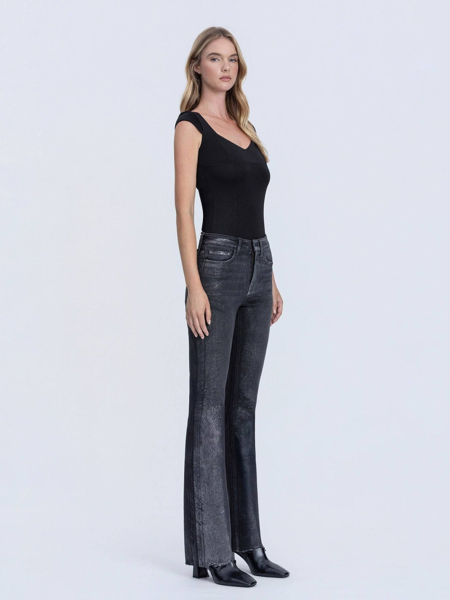Black High Rise Bootcut Metalic Coated Jeans - Purpose + Passion Boutique