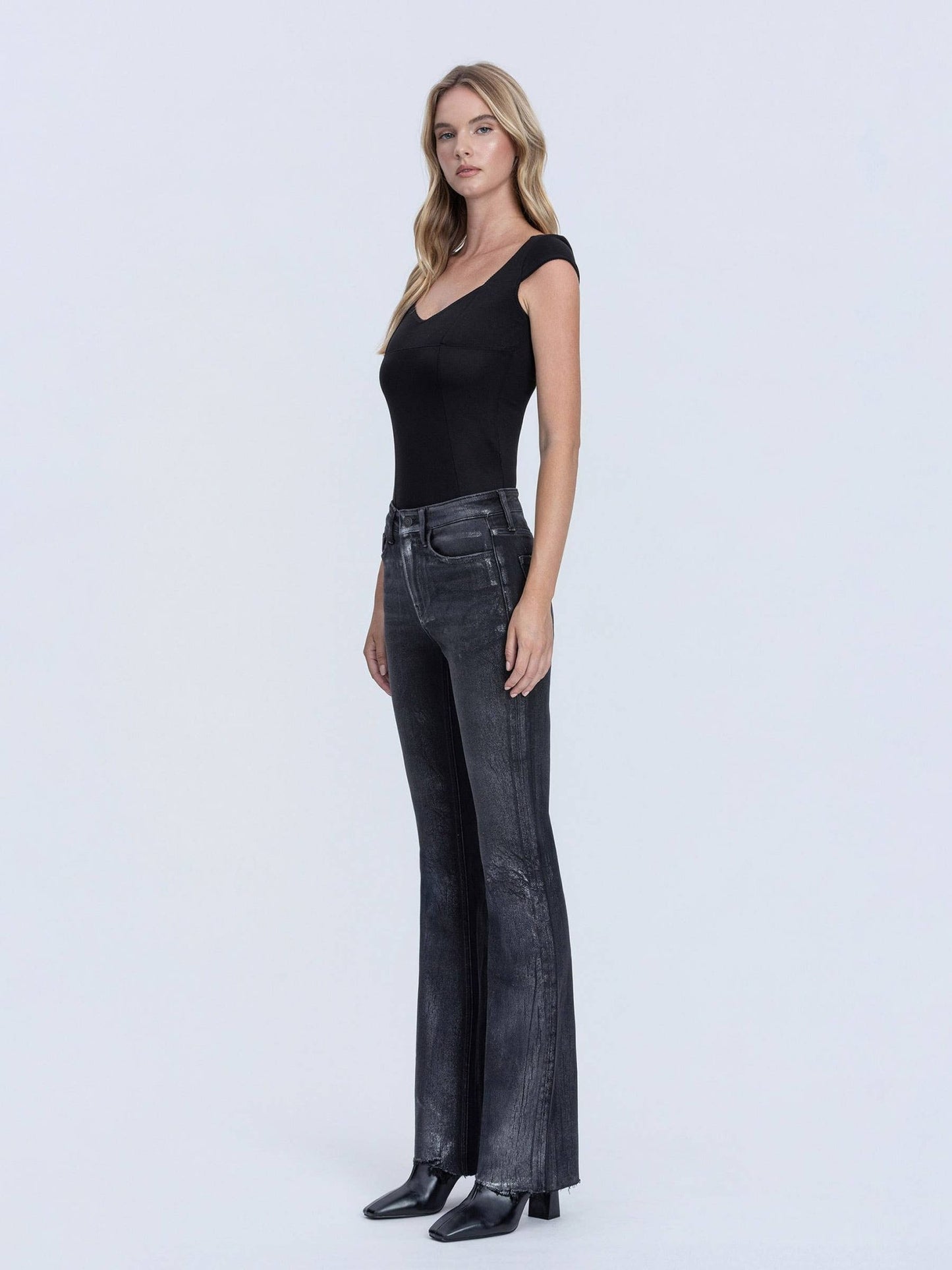 Black High Rise Bootcut Metalic Coated Jeans - Purpose + Passion Boutique