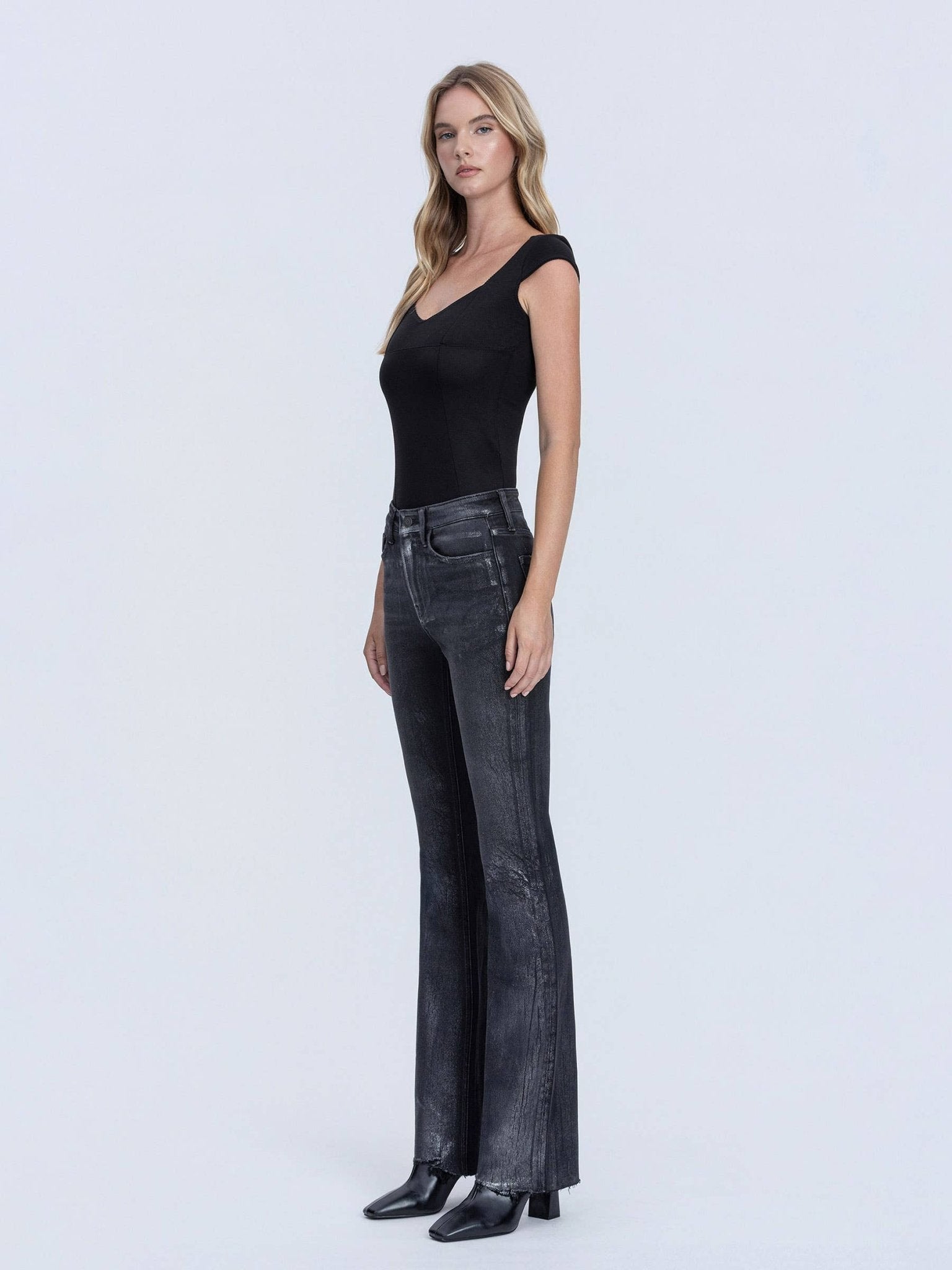 Black High Rise Bootcut Metalic Coated Jeans - Purpose + Passion Boutique