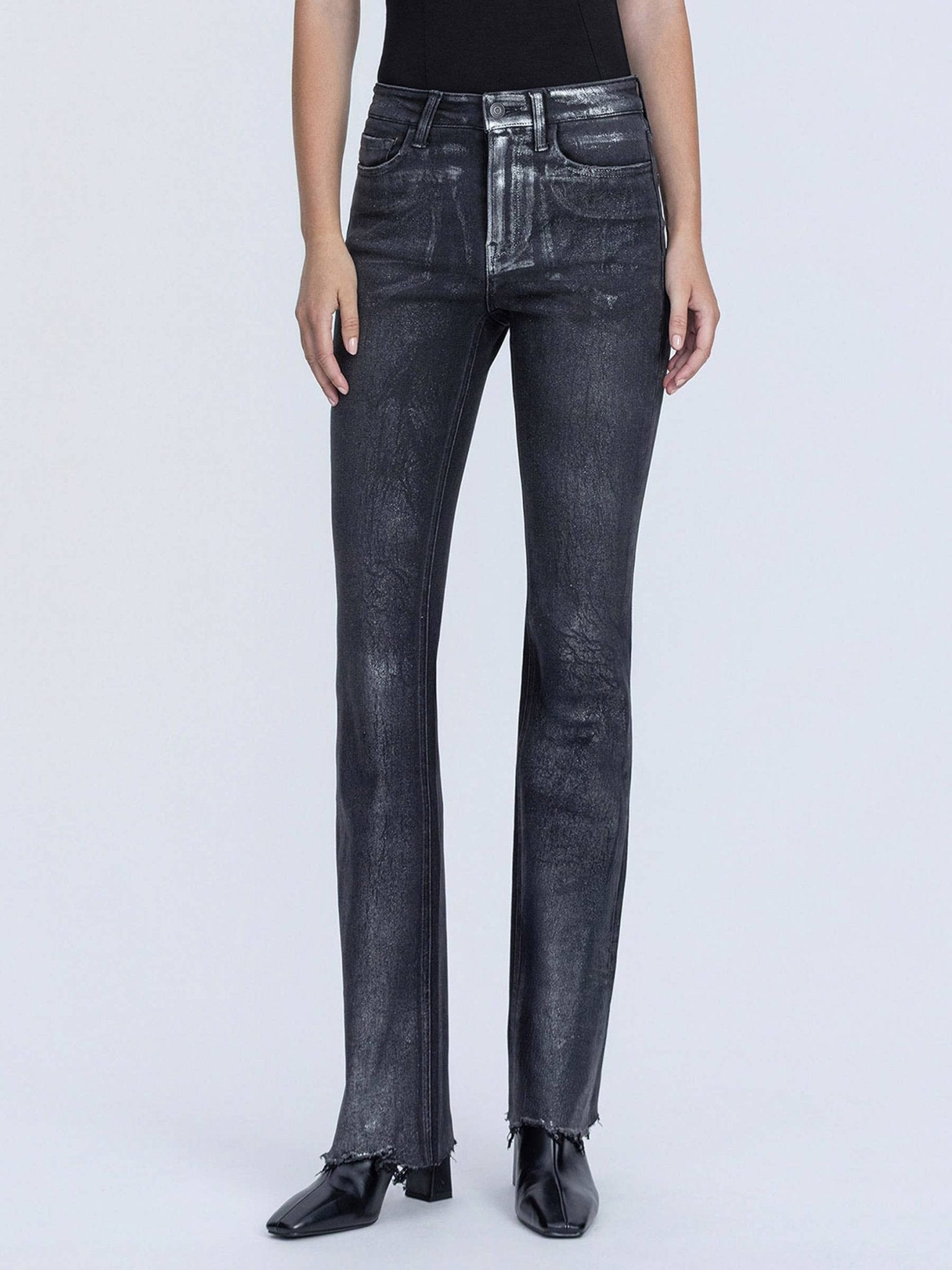 Black High Rise Bootcut Metalic Coated Jeans - Purpose + Passion Boutique