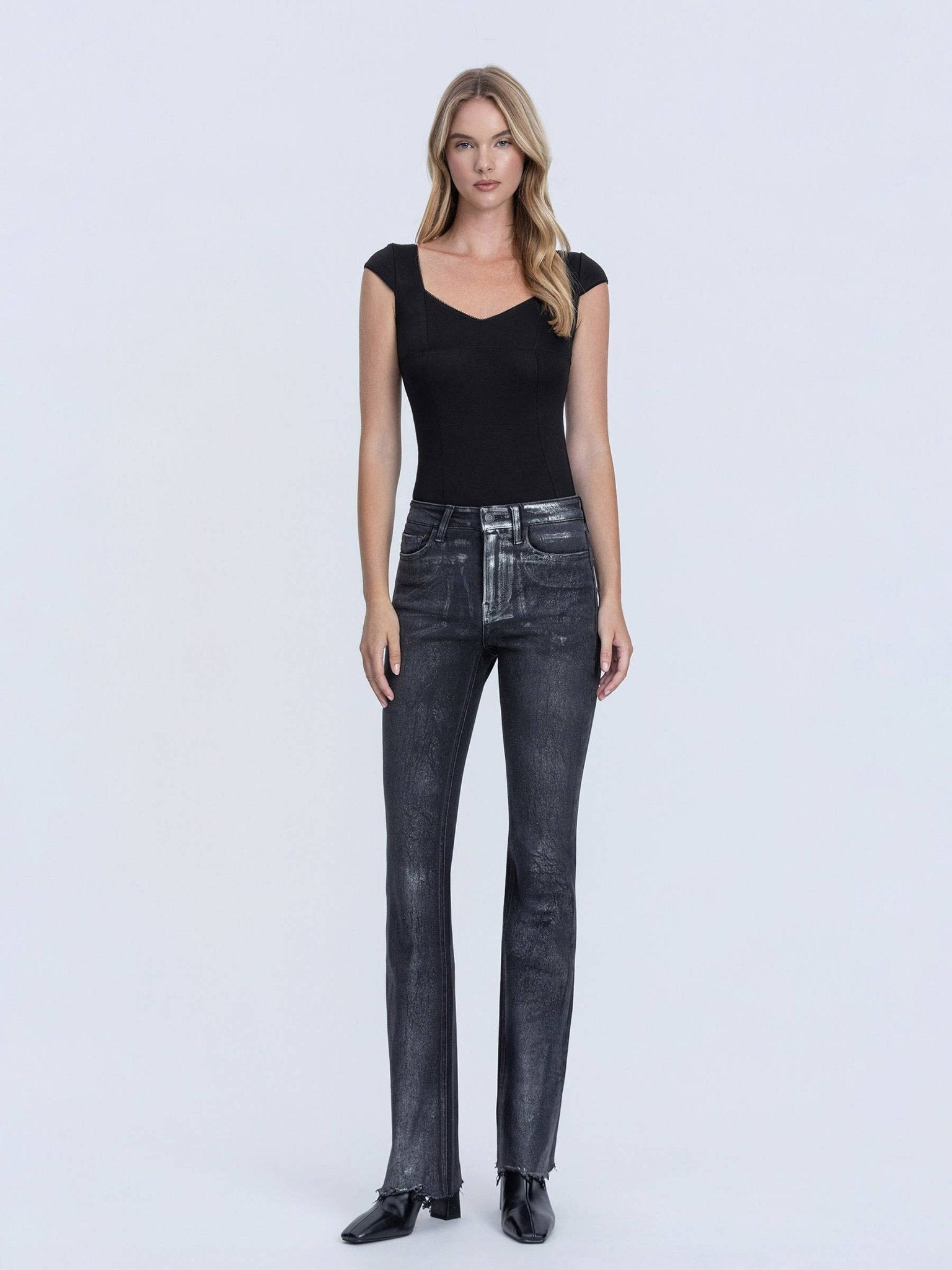 Black High Rise Bootcut Metalic Coated Jeans - Purpose + Passion Boutique