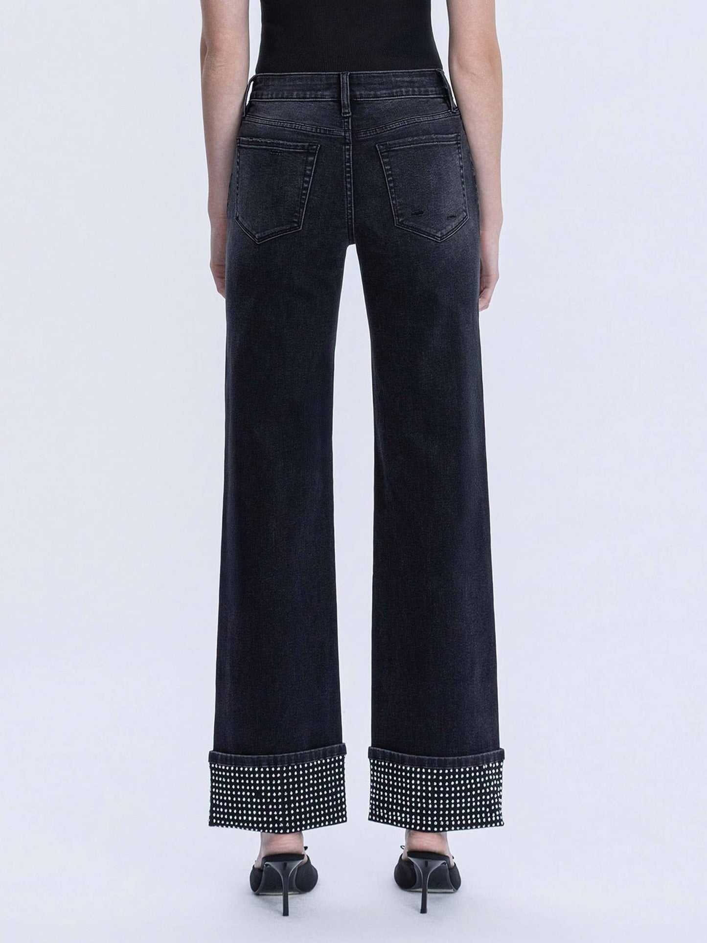 Black Mid - Rise Rhinestone Cuffed Slim Wide Leg - Purpose + Passion Boutique