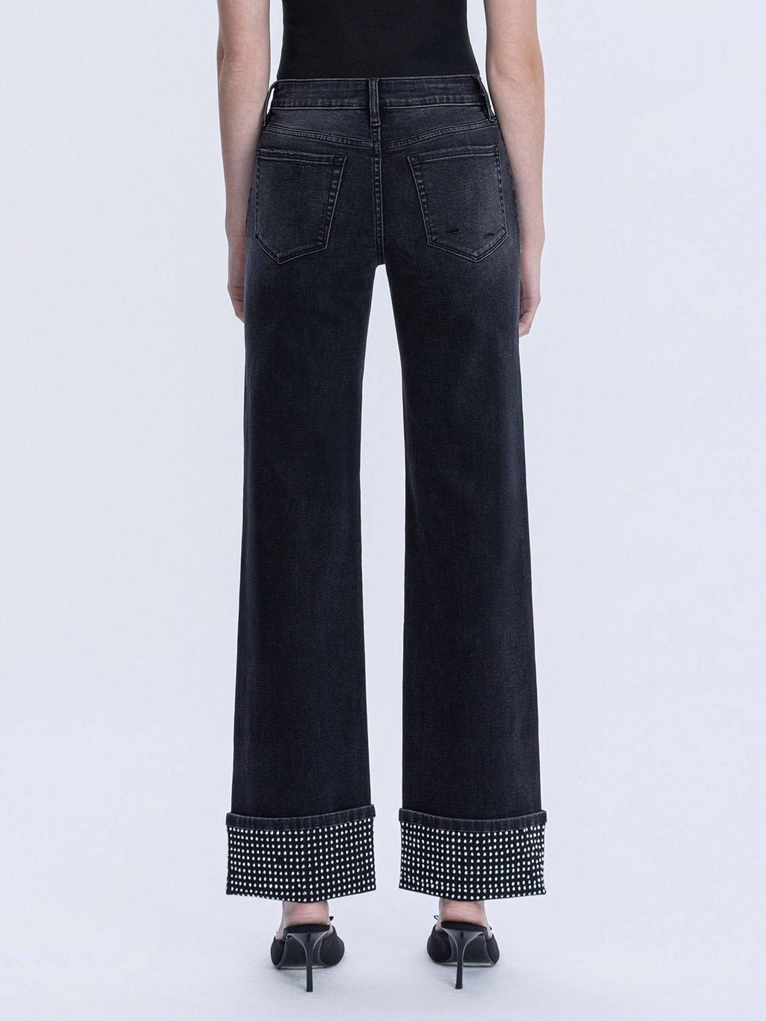 Black Mid - Rise Rhinestone Cuffed Slim Wide Leg - Purpose + Passion Boutique