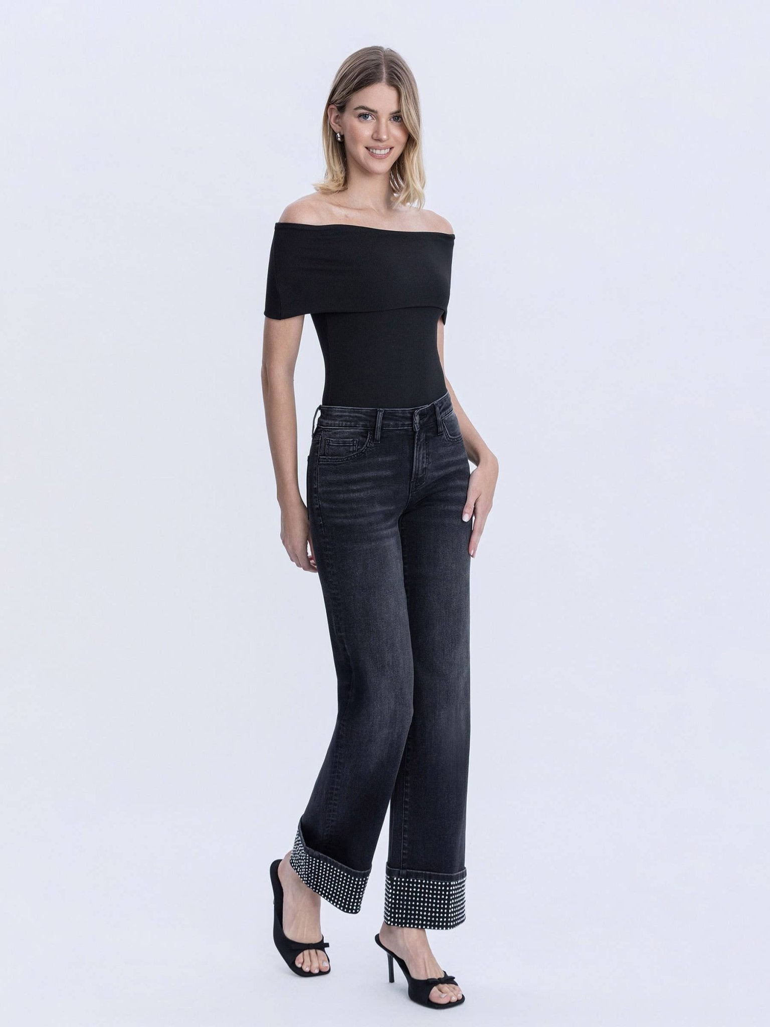 Black Mid - Rise Rhinestone Cuffed Slim Wide Leg - Purpose + Passion Boutique