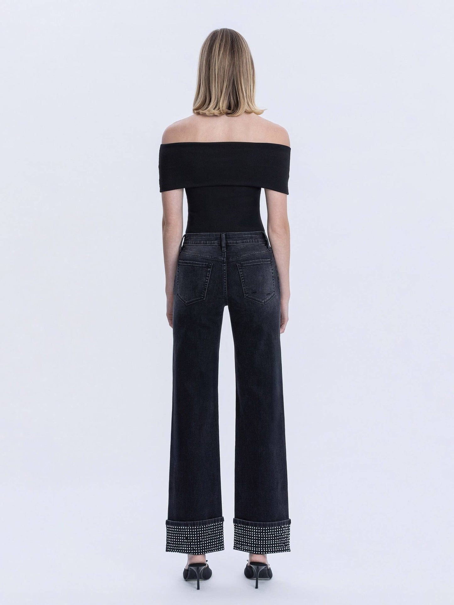 Black Mid - Rise Rhinestone Cuffed Slim Wide Leg - Purpose + Passion Boutique