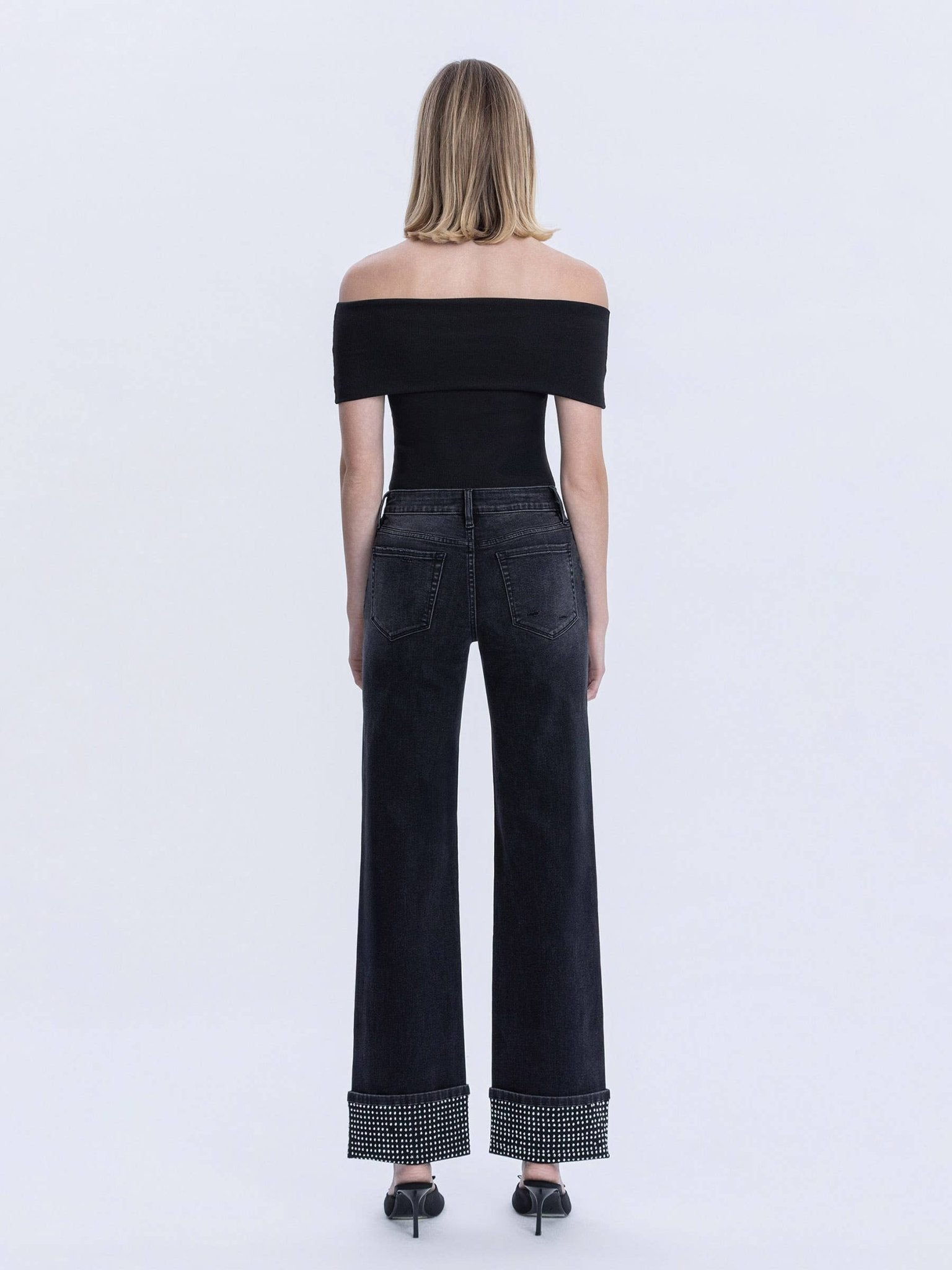 Black Mid - Rise Rhinestone Cuffed Slim Wide Leg - Purpose + Passion Boutique