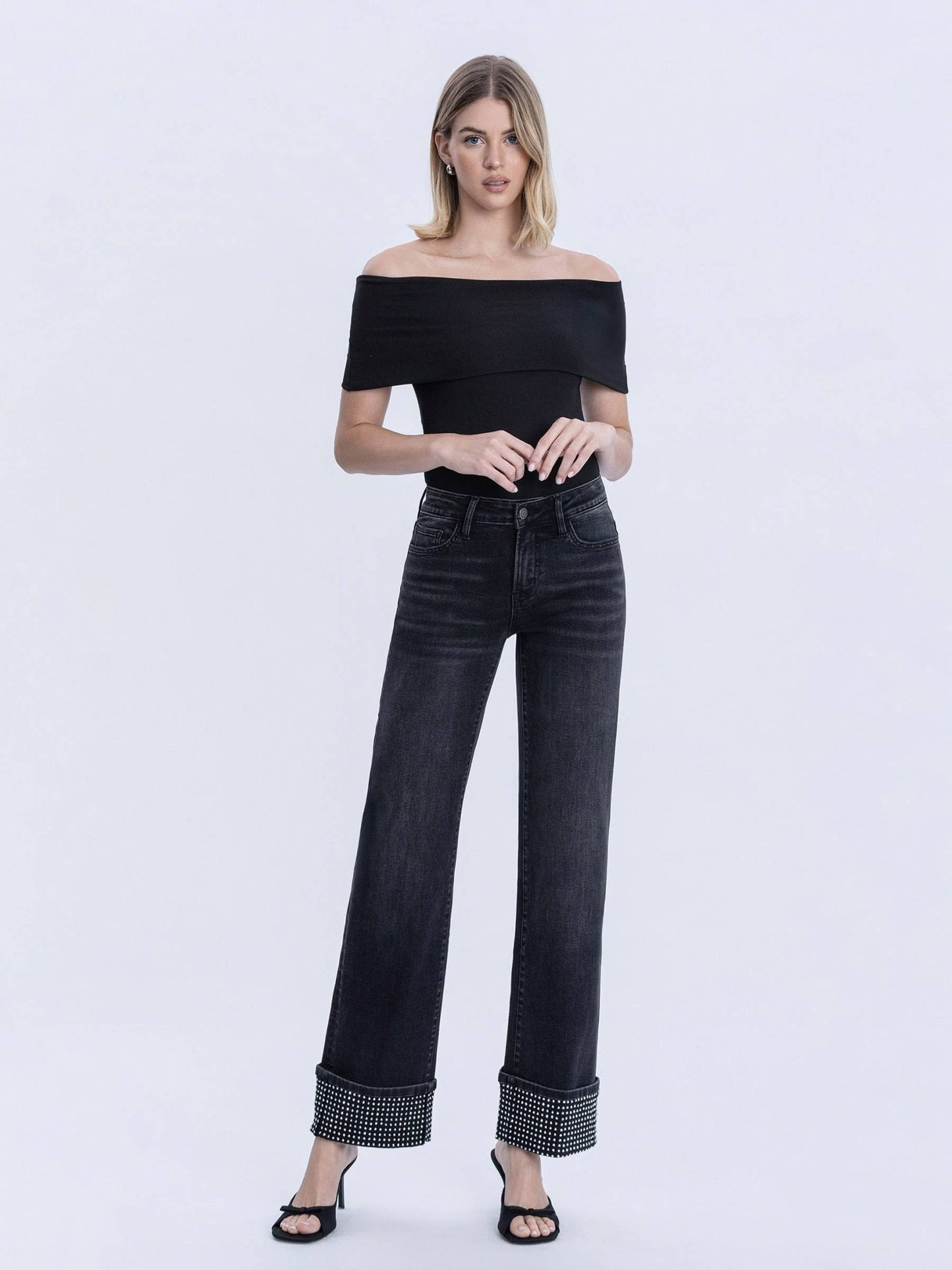 Black Mid - Rise Rhinestone Cuffed Slim Wide Leg - Purpose + Passion Boutique
