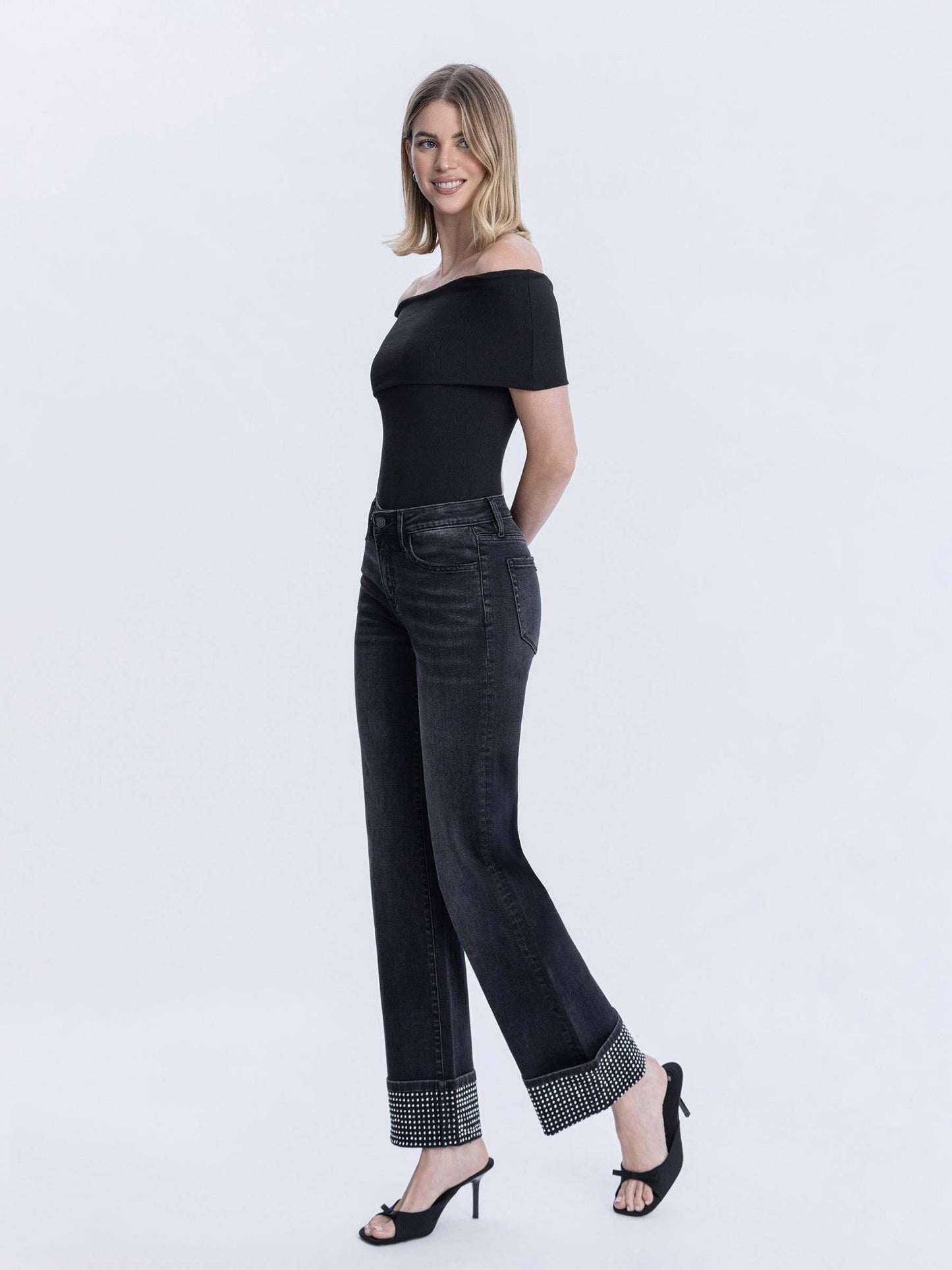 Black Mid - Rise Rhinestone Cuffed Slim Wide Leg - Purpose + Passion Boutique