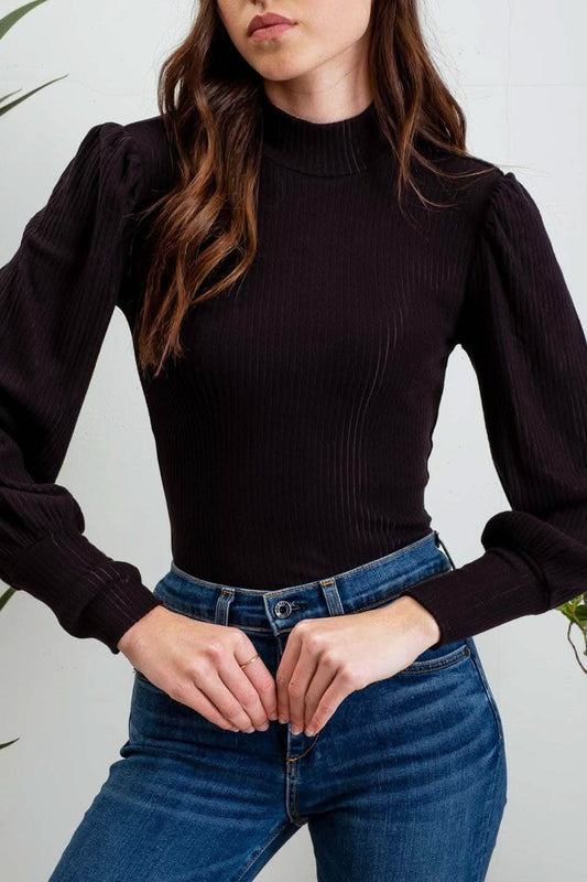 Black Mock Neck Long Sleeve Back Button Knit Top - Purpose + Passion Boutique