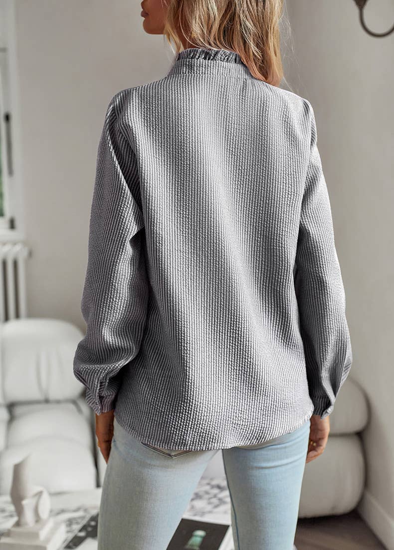 Black Ruffle Button Down Long Sleeve Stripe Shirt - Purpose + Passion Boutique